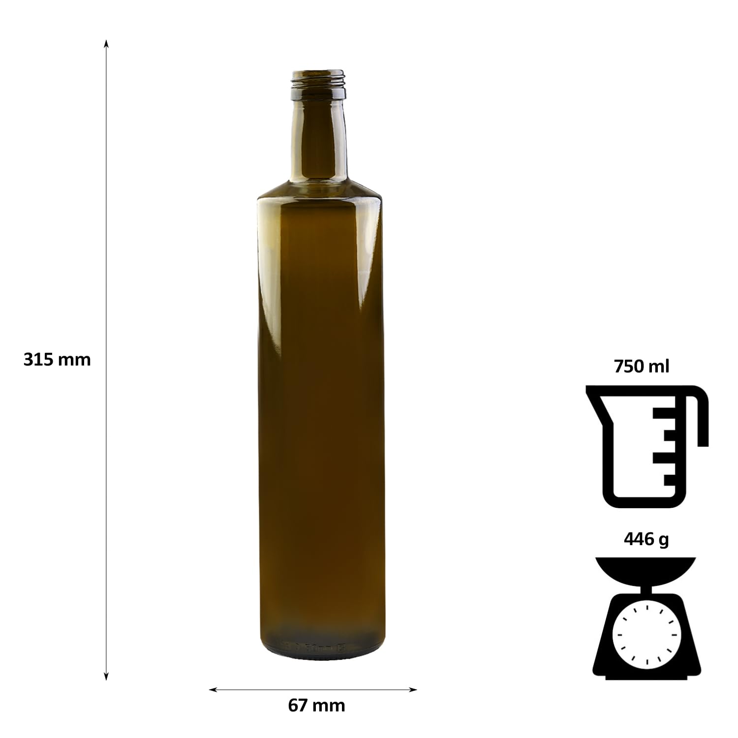 Botella de cristal de 750 ml, color verde oliva, botella de aceite, vinagre y botella multiusos, botella de cristal vacía para cocina, gastronomía (40 boquillas antigoteo)