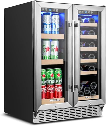 Image of AAOBOSI 24 Inch Dual Zone Wine and Beverage Cooler,19 Bottles & 88 Cans Upgraded Wine Fridge,Built-in and Freestanding,Removable Fashion Wooden Frame,Intelligent Digital Temperatrue Control,Low Noise
