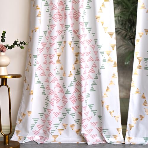 Image of Tranquebar Curtain Co. Window Curtains 5 Feet, 60-65% Room Darkening,Green-Pink Geometric Print, Cotton Curtains for Window, Cotton Curtains 5 Feet Long Set of 2,BackTab Loops,Aztec (152 cm)- Set of 2