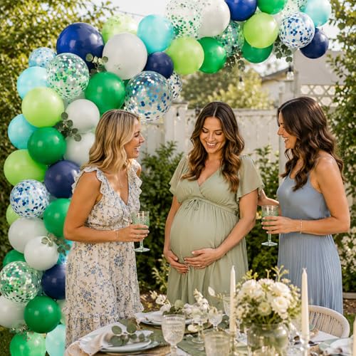 Image of Blue and Green Balloons 60PCS Green and Blue Balloon Set, 12 Inch White Metallic Confetti Latex Balloon for Jungle Dinosaur Kids Boys Birthday Baby Shower Wedding Graduation Party Decor