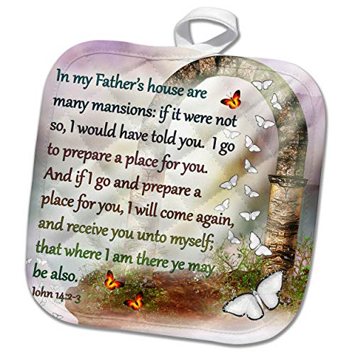 3dRose Pot Holder, Bible Quote John 4 Many Mansions on Stone Arch and Butterflies Digital