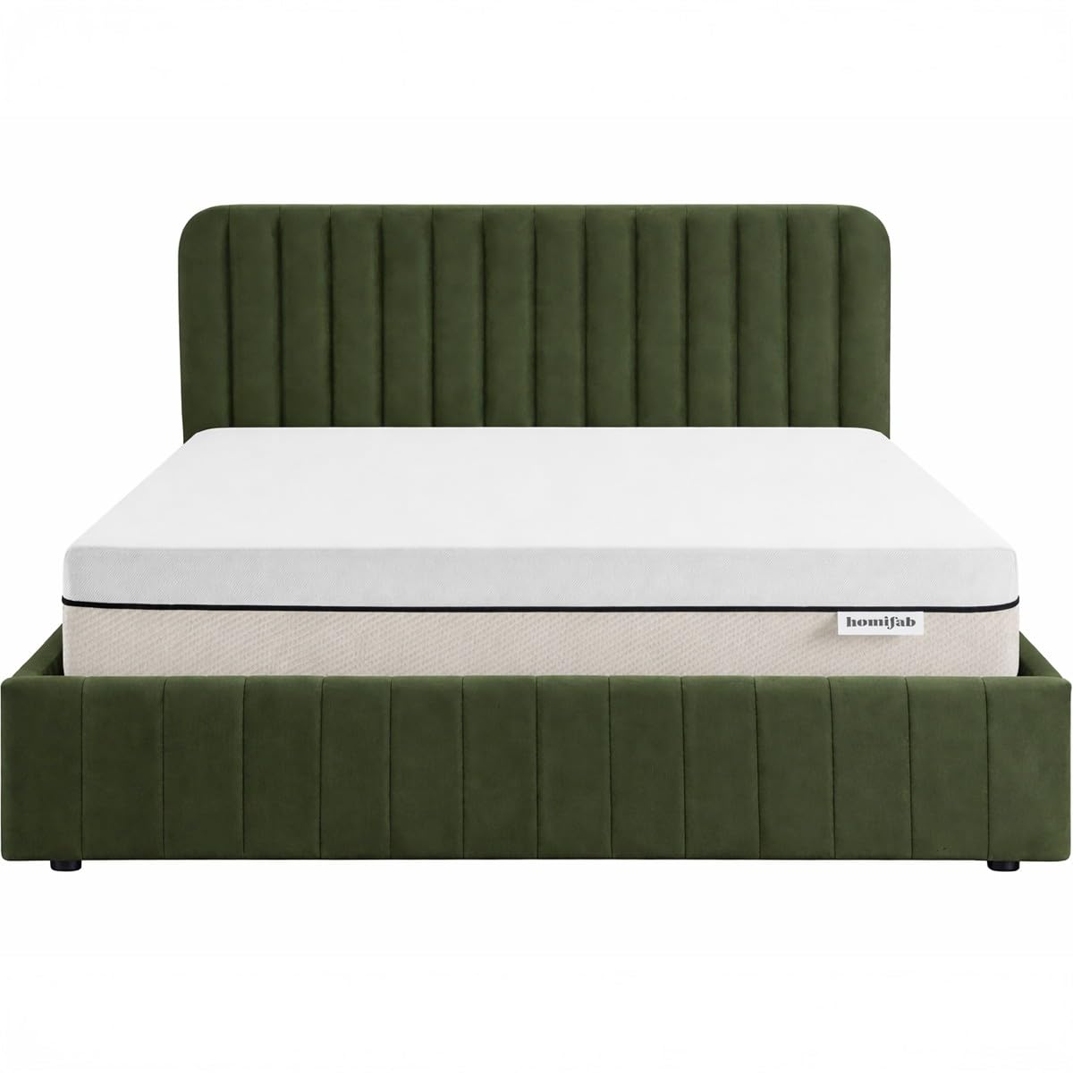 HOMIFAB Ensemble Lit Coffre Adulte 140x190cm avec tête de lit en Velours Vert Kaki - Ava + Matelas Ressorts ensachés - Spring Elite
