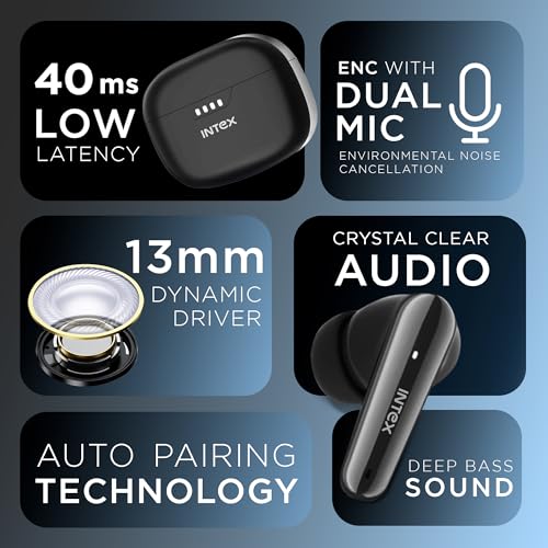 Image of Intex Excel Buds ITW202 (ANC), Active Noise Cancellation 32dB, 40ms Low Latency, Quad Mic, Upto 50Hr Playback, 13mm Dynamic Driver for Deep Bass & Crystal Sound, Bluetooth v5.3, Type C Charging(Black)