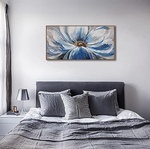 Image of Large Blue Wall Art Framed, White Flower Canvas Pictures for Living Room Bedroom, Modern Floral Nature Artwork with Solid Wood Dark Frame, Big Size 24x48 Inch, Ready to Hang