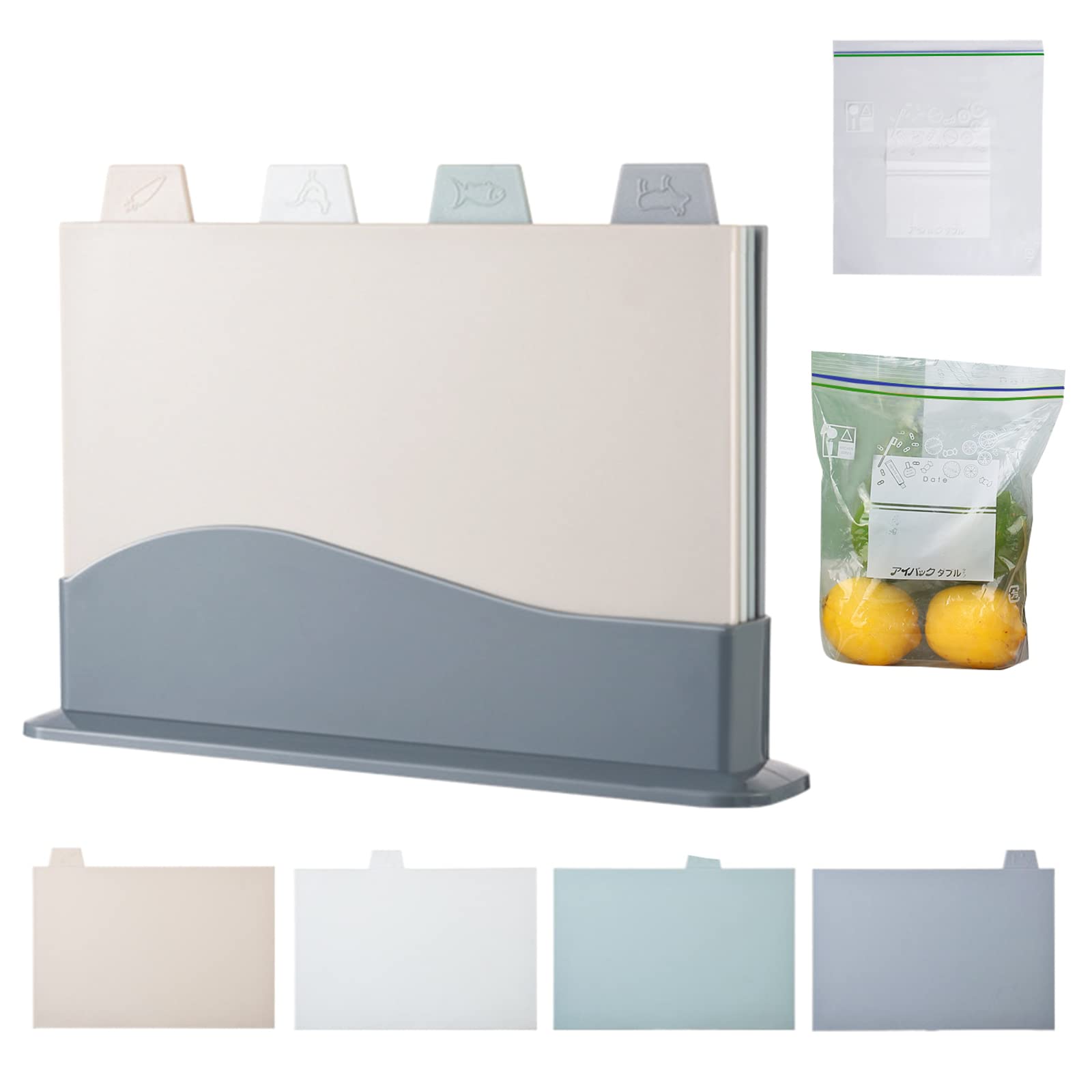 Plastic Chopping Board Set, 4 Pcs Extra Thick Colour Coded Cutting Boards with Food Preparation Indicators & Storage Stand, Non-slip, Easy To Clean, Free 10 Pcs Resealable Food Storage Bags(White)