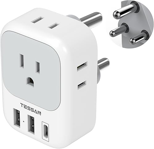 TESSAN Adaptador de corriente de Sudáfrica, adaptador de enchufe tipo M con 4 tomas de corriente americanas, 3 cargador USB (1 puerto USB C) para
