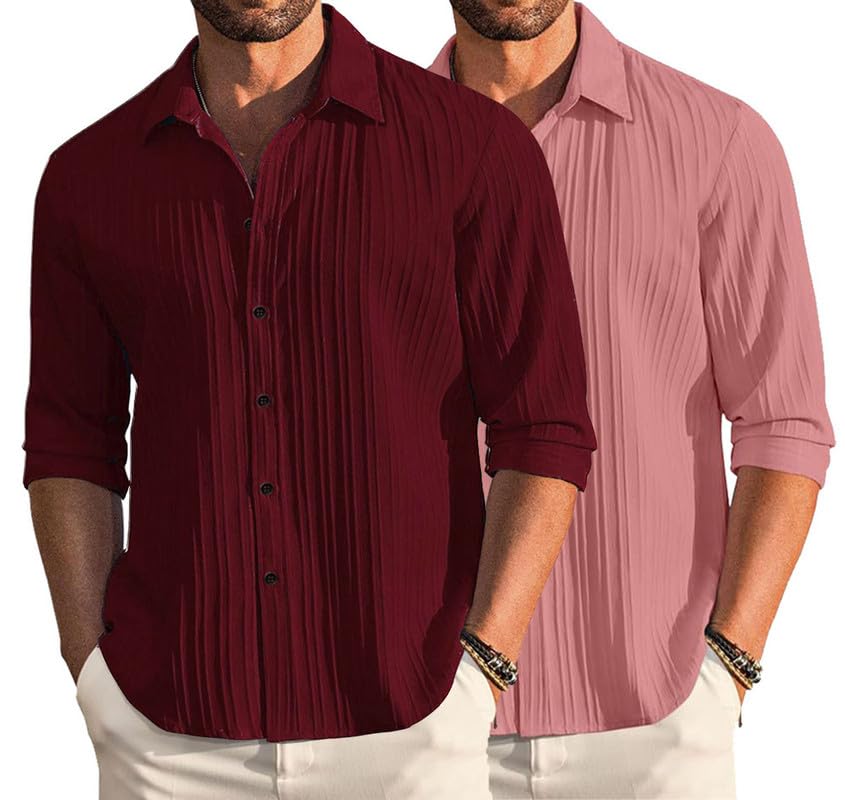 Image of DEELMO Combo of Men's Casual Button Down Shirts Long Sleeve Linen Shirt Fashion Textured Summer Shirts Pack of 2