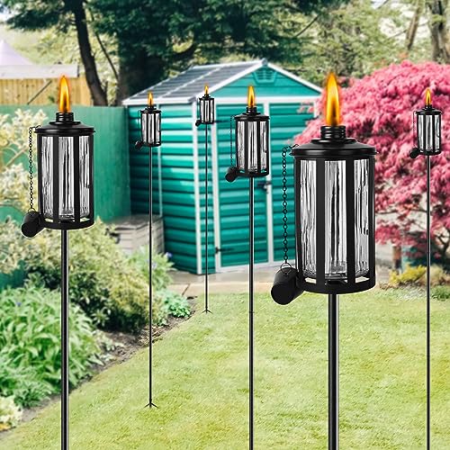 FALBAWR 4 Pack Glass Citronella Torches, 16 oz Garden Torches for Outside with 3-Prong Grounded Stake, 55 inch Outdoor Clear Glass Flame Light Torch for Yard, Patio, Deck, Garden, Party, Landscape