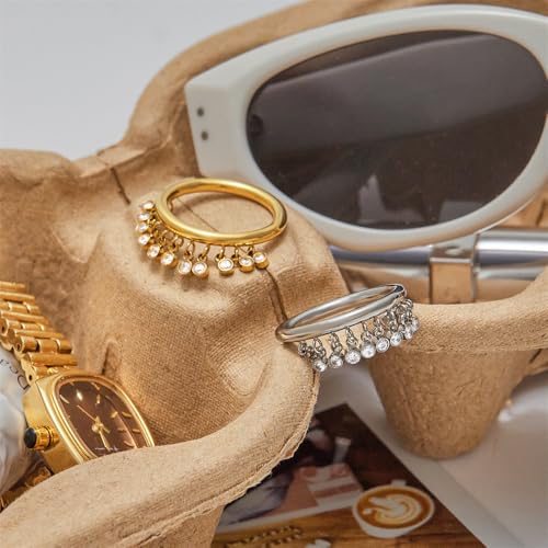 Round CZ Tassel Dangle Drop Stacking Rings for Women Stainless Steel 14k Gold/Silver Plated Danity Sparkling Crystal Finger Band Statment Ring Comfort Fit Fashion Wedding Holiday Jewelry Size 74