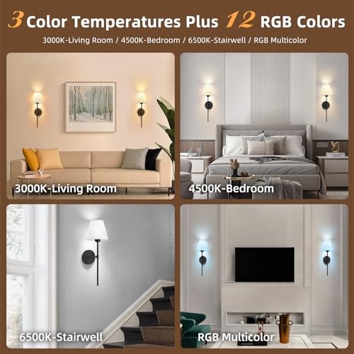 Image of Battery Operated Wall Sconce Set of 2, Black Rechargeable Wall Sconces Set of Two with Remote Control,Dimmable Wall Lamp with Detachable Bulbs,15 Colors Wall Light for Bedroom Living Room Hallway