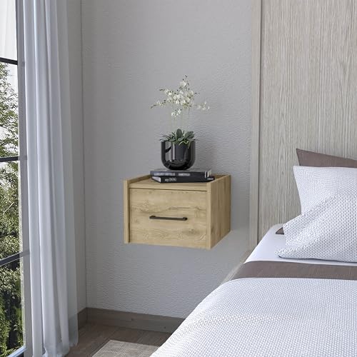 RiouPsithuric Mesita de Noche Flotante de Pared Color Beige, de Madera de ingeniería, con un cajón y un Amplio Estante Superior, Organizador de mesilla de Noche Que Ahorra Espacio para la estaci