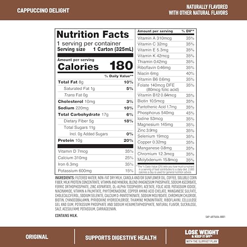slimfast meal replacement shake original cappuccino delight no added sugar meal replacement shakes 10g ready to drink protein 5g fiber 25 vitamins and minerals 11 fl oz 12 count