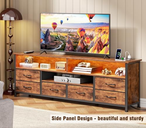 Image of Furologee TV Stand for Bedroom, 63 Inch Entertainment Center for 65 70 Inch TVs, 6 Drawers Dresser with Power Outlets and LED Lights, Media Console for Living Room, Rustic Brown