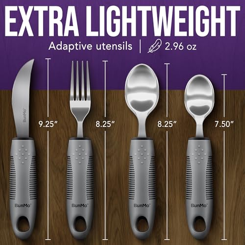 BUNMO Adaptive Utensils for Elderly, Arthritis, Weak Hand Grip & Handicapped - 4 Piece Set - Convenient Travel Pouch - Lightweight - Arthritis Gifts for Seniors Over 80 - Gifts for Disabled Adults - Image 6
