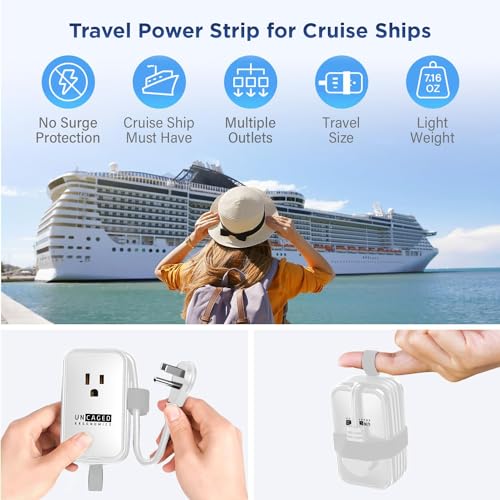 Image of Travel Charger for Multiple Devices, Flat Plug Power Strip 3ft Adapter Extension Cord, 3 AC Outlets, 2 USB & 1 Fast Charging USB-C, No Surge Cruise Approved, Portable Power Strip