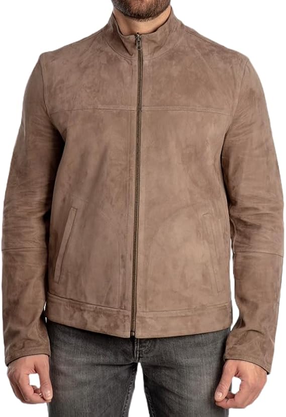 Buttonhole Genuine Suede Jacket for Men Classic Zipper