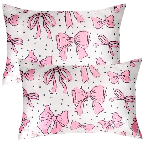 Image of YZFDUI Bow Pink Satin Pillowcase for Hair & Skin Care, Standard Size Set of 2 - Luxurious Satin Pillow Cover with Envelope Closure(20x26 Inches)