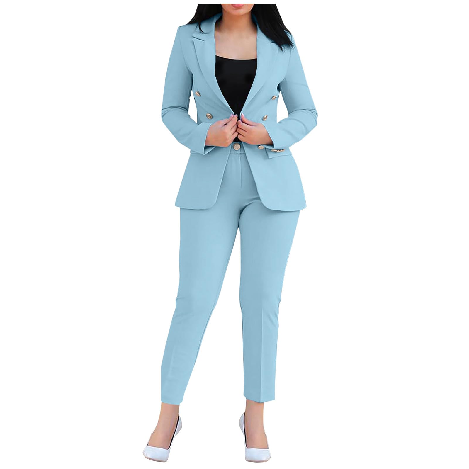 Womens 2 Piece Suit Set Double Breasted Blazer Pantsuit Formal Business Outfits Office Wedding Wear Slim Fit