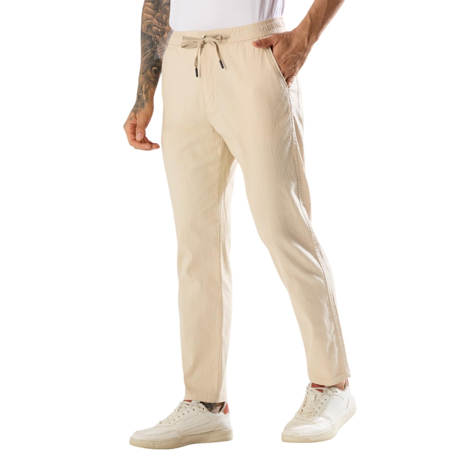 true colors of india TCI Men’s Cotton Linen Lycra Joggers – Lightweight Travel Pants with Elastic Waist, Drawstring, Zip & Button Closure, 4 Pockets | Casual Summer Trousers-picture-52