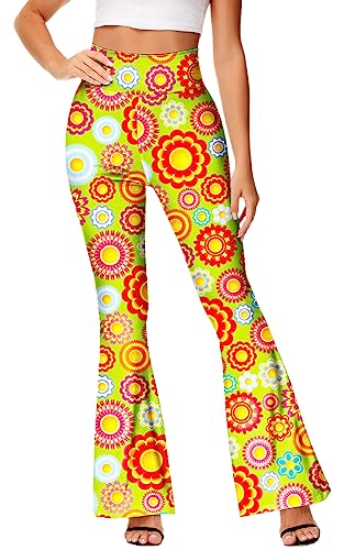 Boho Bell Bottom Womens Flower Flare Pants 60s Groovy Hippie Pants High Waist Bootcut Yoga Pants XS Green Floral