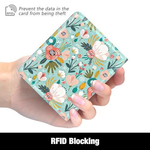 Image of Rouidr Womens Wallet, RFID Small Slim Wallet for Women, Cute Bifold Leather Pocket Credit Card Holder Ladies Mini Purse with Zipper Coin Pocket & ID Window, Green Flowers