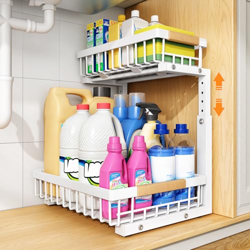 Image of PXRACK Under Sink Organizer, Adjustable Height, 2 Tier Pull Out Under Cabinet Organizer, Slide Out Thickened Metal Under Sink Storage for Kitchen Bathroom Laundry Pantry Cabinet, White, Large-1-Pack