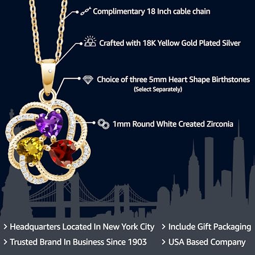 Gem Stone King 18K Yellow Gold Plated Silver Yellow Gold Plated Customized and Personalized 3 Heart Shape Gemstone Birthstone Flower Mothers Family Blossom Couple Pendant Necklace for Women2
