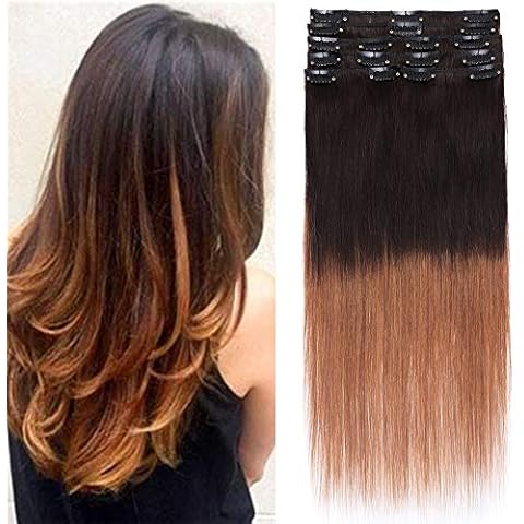 TESS 40 cm Extensiones de Clip de Pelo Natural Balayage #2T6 Marrón Oscuro MIX Marrón Claro 8pcs 18 clips 65g Extensiones de Pelo Natural Cover