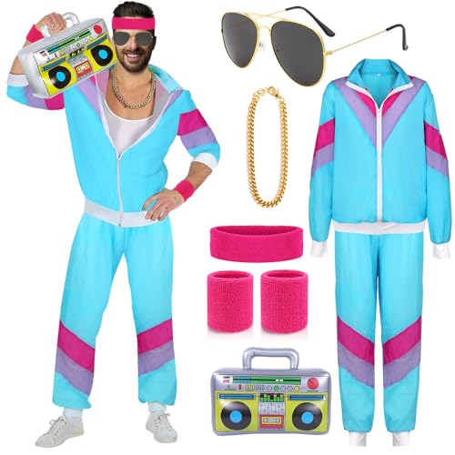 90er 80er Jahre Outfit Herren Damen Mottoparty Kostüm Kostüm 80er Jahre Trainingsanzug Jacke Hose Anzug 80er Accessoire 80er Jahre Kleidung Herren Frauen Rocker Vintage Bad Taste Kostüm für Karneval M