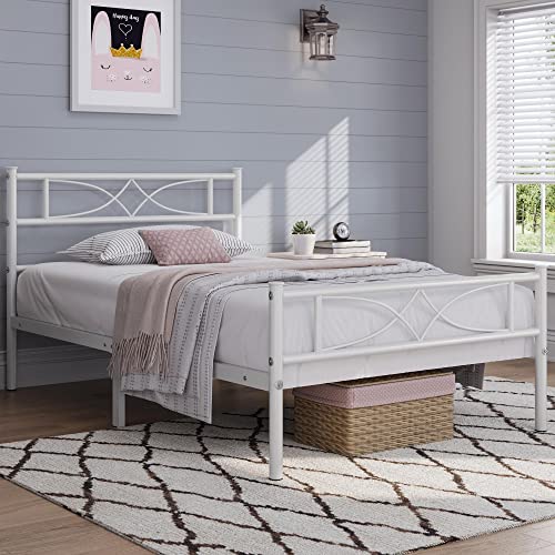 Yaheetech Metallbett 90 x 200 cm Bettrahmen mit Hohem Kopfteil Gästebett mit Lattenrost für Schlafzimmer Gästezimmer Viel Stauraum unter dem Bett Weiß