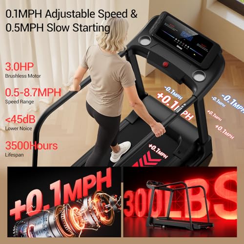 Image of UMAY Rehab Treadmill with Extended Handrails for Safety & Balance, 0.1 MPH Low-Speed Increment Running Machine with Pulse Sensors, Auto-Folding Home Recovery Treadmill 300 LBS Weight Capacity