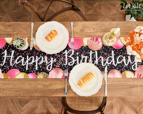 Image of Letjolt Golden Rose Pink Balloon Happy Birthday Table Runner 72 Inches | Linen-Like Fabric, Celebrate Birthday Party Table Decor