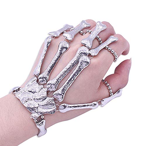 Lingduan Halloween Fashion Women Hand Chain Skull Fingers Metal Skeleton Slave Bracelet Ring (Silver)