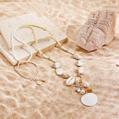 Image of Coiris Natural Seashell Choker Necklaces Earrings Jewelry Set for Women Starfish Shell Freshwater Pearl Collar Necklaces for Women Irregular Mother of Pearl Jewelry Set