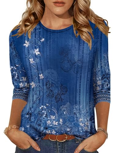 Zeagoo Blusas para Mujer Camiseta de Manga 3/4 Ligeras de Cuello Redondo Tops de Verano Azules Flores XXL