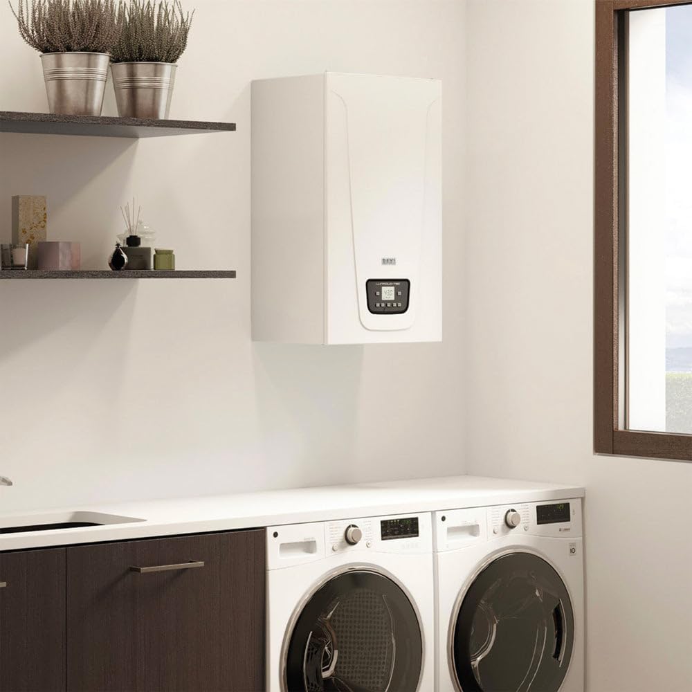 Baxi Duo-tec Compact E 24 boiler installed on a wall above a countertop with a washing machine and dryer in a utility room.