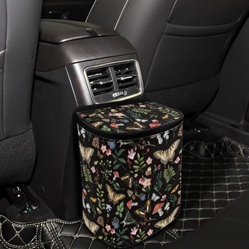 Image of Talayituse Mushroom Butterfly Flower Print Car Trash Bin, Large Size Auto Trash Can Adjustable Portable Garbage Can with Lid, Vehicle Hanging Bag for Headrest Front Back Seat