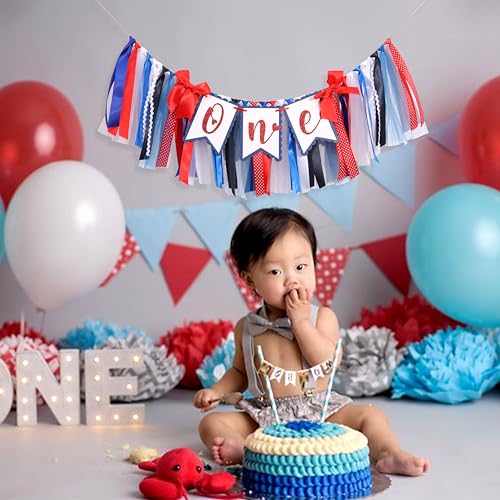 Image of Red White and Blue 1st Birthday Highchair Banner - Patriotic First Birthday Party Decoration, Independence Day ONE Highchair Banner for Baby, Fourth of July Photo Props Cake Smash, 4th of July Party Supplies (Patriotic Heart HIgh Chair Banner)