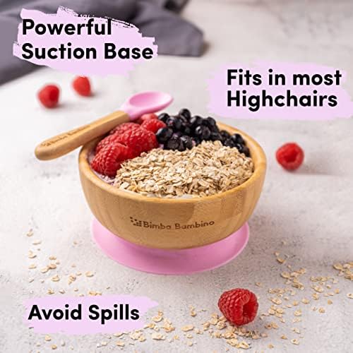 Bimba Bambino ® Baby Weaning Set: Bamboo Suction Plate, Bowl, Two Spoons and Matching Silicone Bib, Sturdy and Safe Non-Toxic Natural Bamboo Toddler Suction Plate and Bowl for Baby Led Weaning