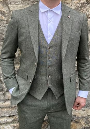 Men's Herringbone Suit 3 Piece Slim Fit Retro Tweed Blazer Jacket Vest Pants Set for Groom Wedding Prom4