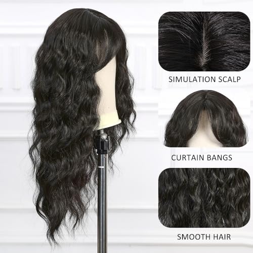 Esmee Long Wave Black Brown Wig for Women with Curtain Bangs Natural Synthetic Hair Wigs for Daily Party Use - Image 3
