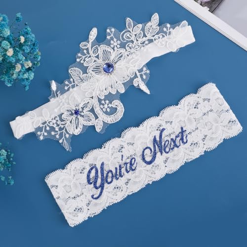 2pcs Wedding Garter Set Lace Garter Belt with Blue Rhinestones White Flower Bridal Garter for Bride Prom Gift3