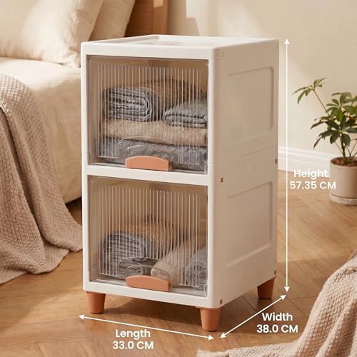 Image of Ash & Roh 2-Tier White Multi-Layer Plastic Storage Cabinet with Transparent Flip Door | Space Saving Organizer for Kitchen, Bedroom, Office | Foldable Stackable Storage Unit with Legs