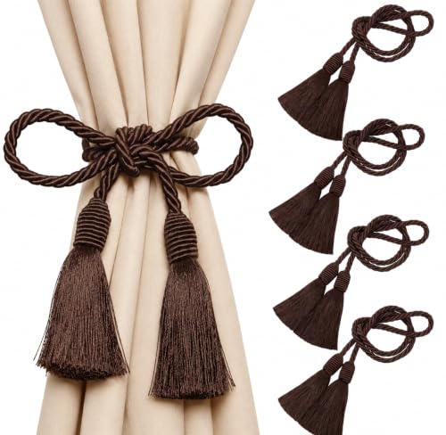 Image of 4 Pack Curtain Tiebacks Handmade Decorative Curtain Holdbacks Rope with Tassel - Brown