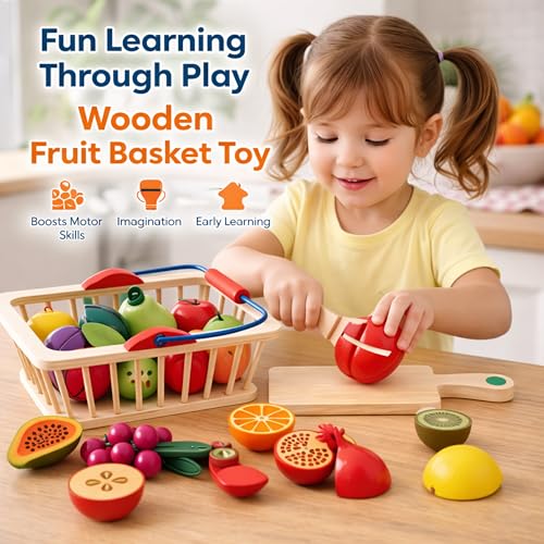 Image of Wooden Fruits Cutting Toys for Kids, Pretend Play Toy Set for Boys and Girls, Wooden Food Basket with Knife & Peeler, Educational Montessori Toy Gift for 3+ Years