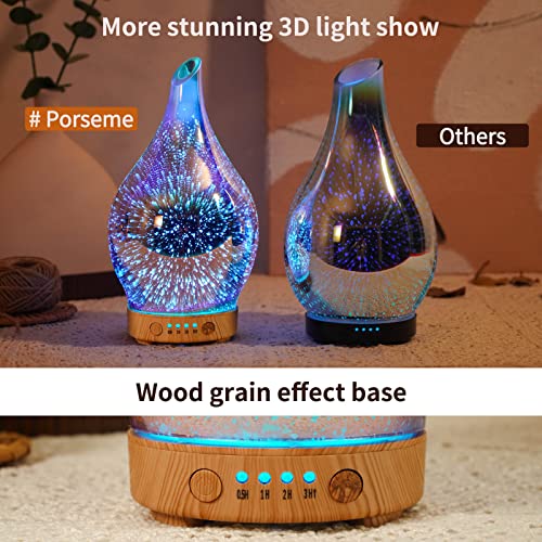 Porseme Essential Oil Diffuser 3D Glass Aromatherapy Ultrasonic Humidifier, Air Refresh Auto Shut-Off, Timer Setting, Bpa Free For Home Hotel Yoga Leisure Spa Gift 100Ml Last 4H #TOP2