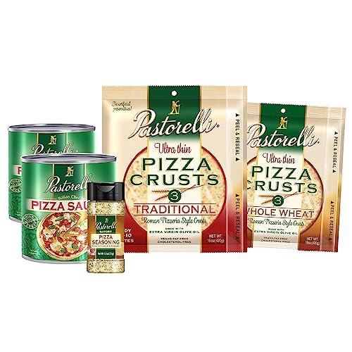 Pastorelli Personal Pizza Gift Set, Includes 5 Whole Wheat Pizza Crusts 7-inch, 5 Traditional Pizza Crusts 7-inch, 2 Italian Chef Pizza Sauce 8oz, 1 Savory Pizza Seasoning 1.8oz, and Recipe Card