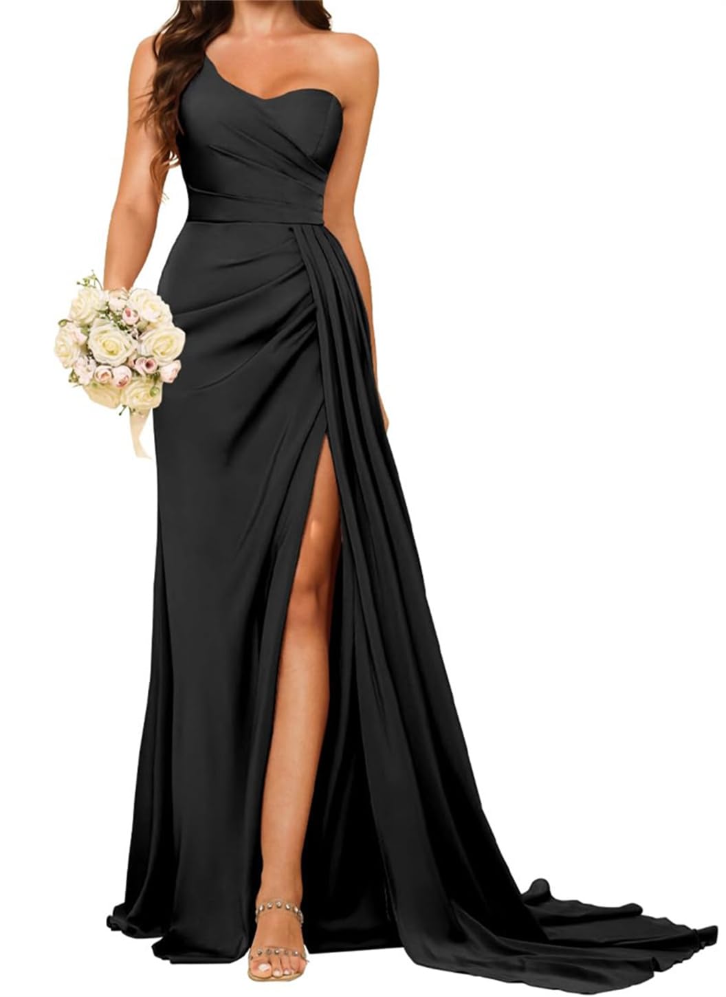 Hppee Women's Black Prom Dresses For With Slit 2025 Mermaid One Shoulder Satin Bridesmaid Dress Formal Party Gown Uk22