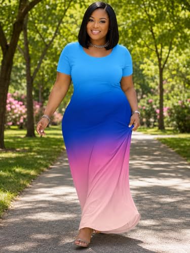 Image of PinkPatty Women's Plus Size Maxi Dresses Short Sleeve Sundress Summer T-Shirt Beach Long Dress with Pockets