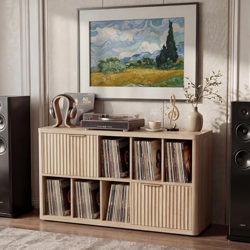 LELELINKY Large Record Player Stand - 39.5 Record Cabinet with Open Vinyl Storage Holds up to 400 Albums Modern Vinyl Player Table with Fluted Doors Turntable Stand for Living Room Natural Oak